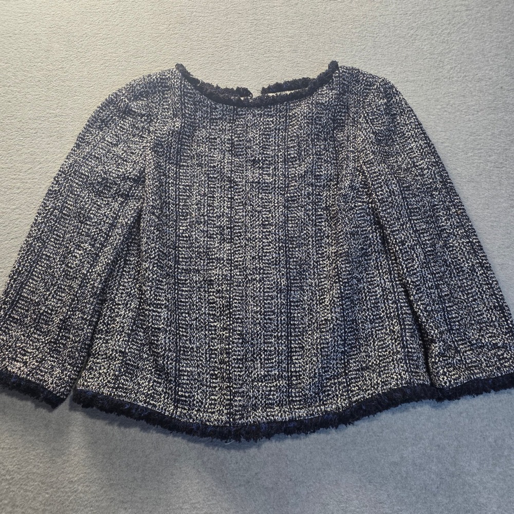 Brooks Brothers Red Fleece Tweed Top Womens 2 Navy Fringe Preppy Quiet Luxury